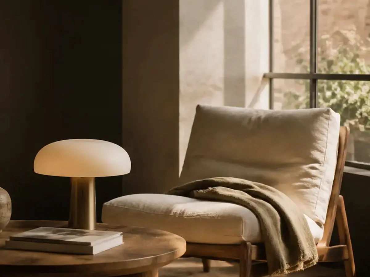 A warm living room with a soft table lamp and a linen lounge chair.