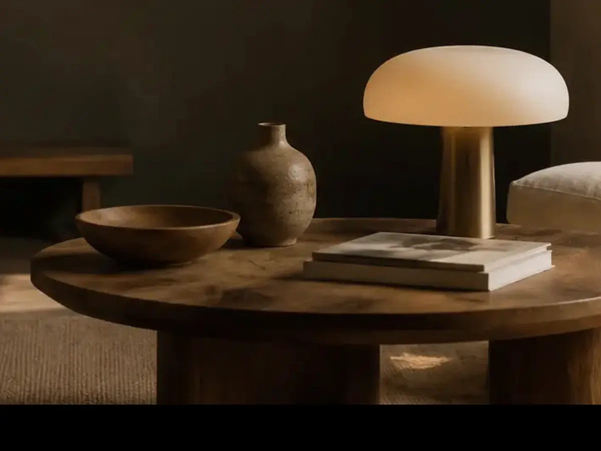 A low wooden table holding a bowl, a small vase, and a stack of books.