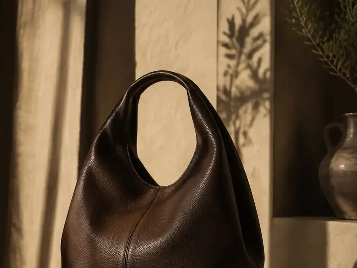 A soft leather bag photographed on stone in late afternoon light.