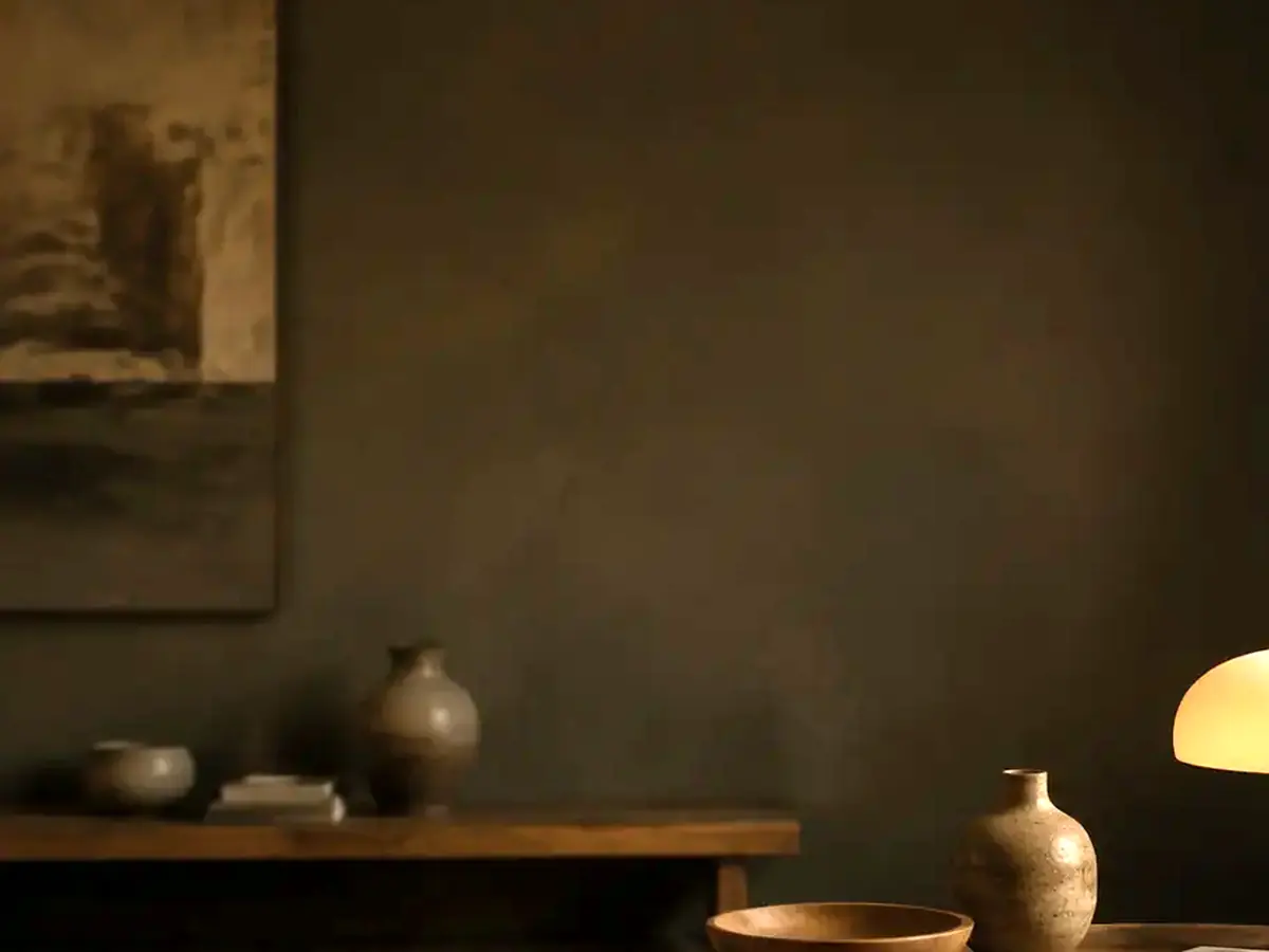 A quiet interior wall with ceramics resting on a dark wooden console.