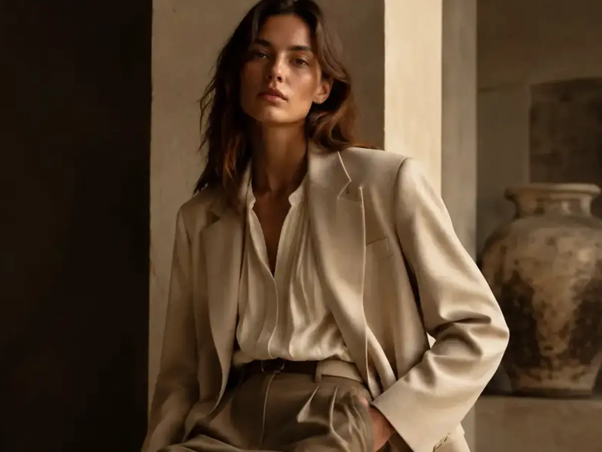 A person in relaxed tailoring seated in warm architectural light.
